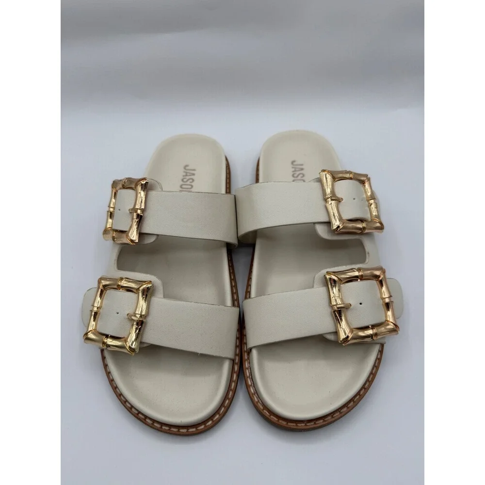 Jason Wu Marzan Luxe Slide Sandals Women 7 Ivory Gold Bamboo Double Buckle